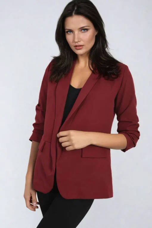 Wine Valerie Ruched Sleeve Open Front Blazer Jacket with Front Pockets<IKRUSH Fashion
