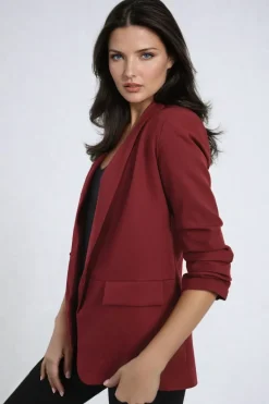 Wine Valerie Ruched Sleeve Open Front Blazer Jacket with Front Pockets<IKRUSH Fashion