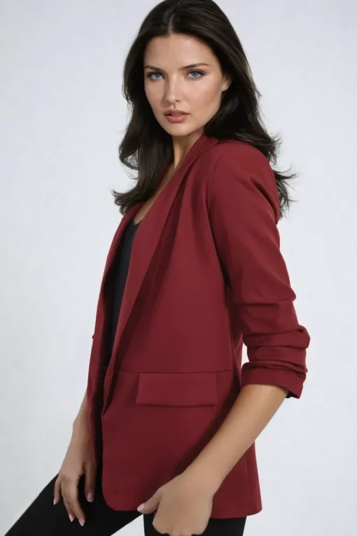 Wine Valerie Ruched Sleeve Open Front Blazer Jacket with Front Pockets<IKRUSH Fashion