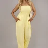 Yellow Blythe Strapless Shirred Bandeau Wide Leg Jumpsuit<IKRUSH Discount