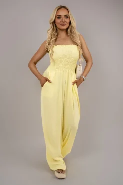 Yellow Blythe Strapless Shirred Bandeau Wide Leg Jumpsuit<IKRUSH Discount