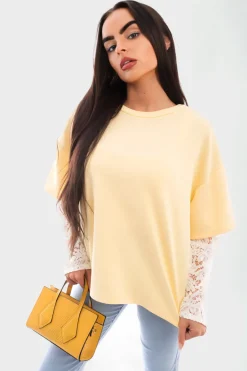 Yellow Jessie Oversized Long Sleeve Lace Detail Top<IKRUSH Online