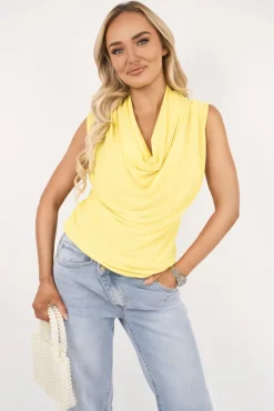 Yellow Lourdes Sleeveless Cowl Neck Drape Top<IKRUSH New