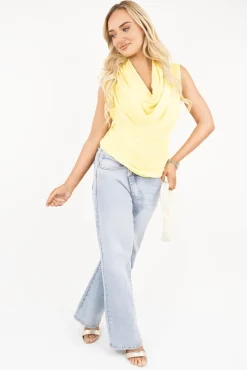 Yellow Lourdes Sleeveless Cowl Neck Drape Top<IKRUSH New