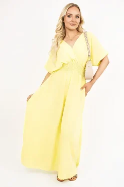 Yellow Meissa V Neck Short Sleeve Maxi Dress with Shirred Waist<IKRUSH Discount