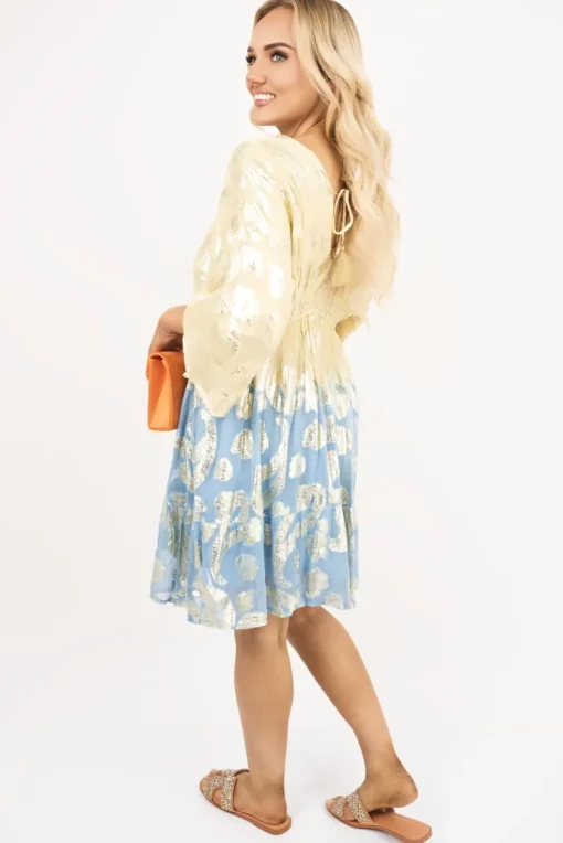 Yellow Nalaya V Neck Long Sleeve Mini Dress with Metallic Tassel Detail<IKRUSH Sale