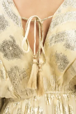 Yellow Nalaya V Neck Long Sleeve Mini Dress with Metallic Tassel Detail<IKRUSH Sale